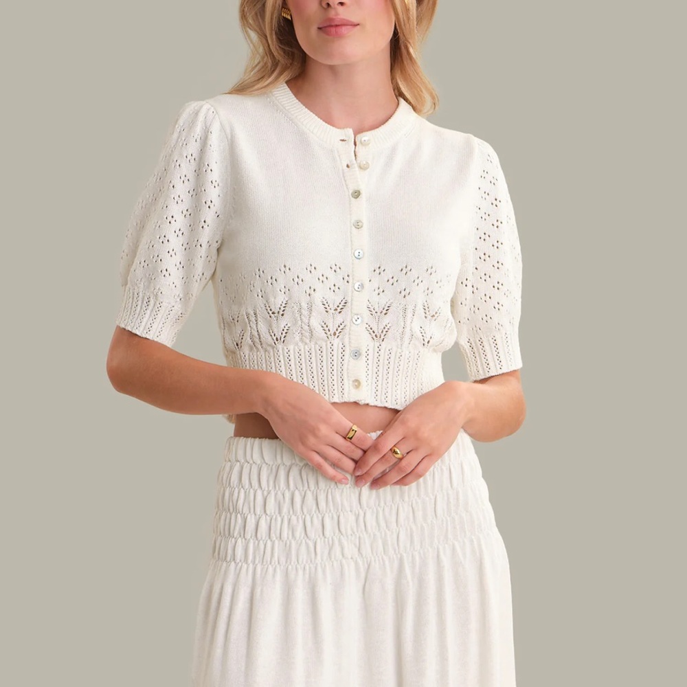 525 Cropped Eyelet Knit Cardigan Dress Set in Ivory